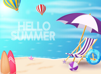 Fototapeta na wymiar Hello summer greeting vector design. Hello summer greeting text in beach outdoor background. Vector illustration summer beach design. 