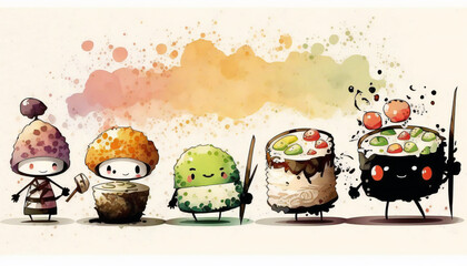 sushi characters - watercolor style illustration background by Generative Ai
