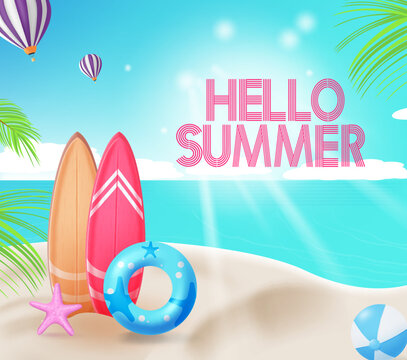 Hello summer vector design. Hello summer greeting text in relaxing beach background. Vector illustration summer greeting.
