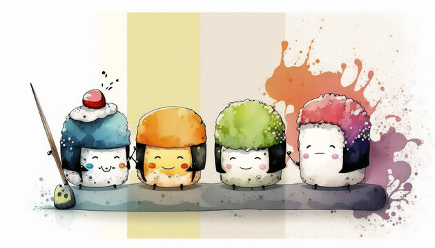 sushi characters - watercolor style illustration background by Generative Ai
