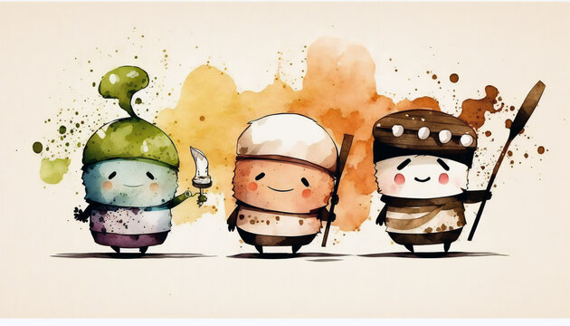 sushi characters - watercolor style illustration background by Generative Ai
