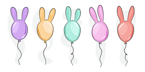Kolorowe baloniki z króliczymi uszami. Wielkanocna dekoracja. Pięć balonów - fioletowy, żółty, zielony, różowy i czerwony. Balon - królik. Wektorowa ilustracja. - obrazy, fototapety, plakaty