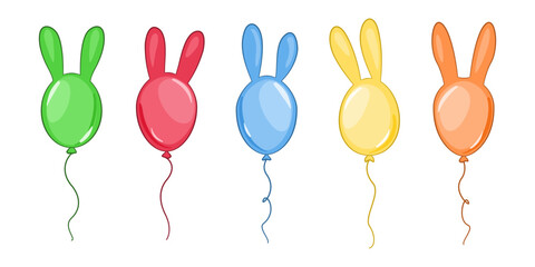Kolorowe baloniki z króliczymi uszami. Wielkanocna dekoracja. Pięć balonów - zielony, czerwony, niebieski, żółty i pomarańczowy. Balon - królik. Wektorowa ilustracja. - obrazy, fototapety, plakaty