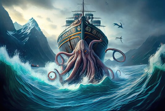 Kraken The Giant Octopus Under The Deep Sea Attacking And Sinking The Ship Background. Digital Art Illustration. Mythical Fantasy Creatures Concept. Generative AI