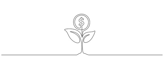 Money plant in One Continuous line drawing. Growing coin tree symbol and finance investment increase concept in simple linear style. Editable stroke. Doodle Vector illustration © Olga Rai