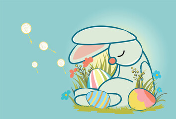 Happy Easter, decorated easter card, banner. Bunnies, Easter eggs, flowers and basket. Folk style patterned design. . Vector illustration