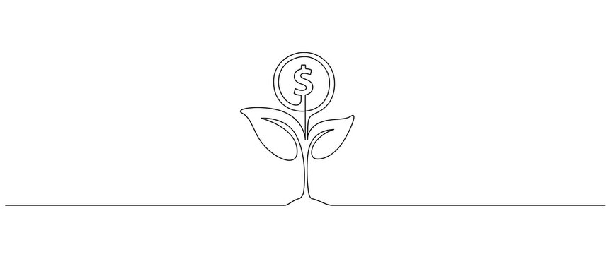 Money plant in One Continuous line drawing. Growing coin tree symbol and finance investment increase concept in simple linear style. Editable stroke. Doodle Vector illustration