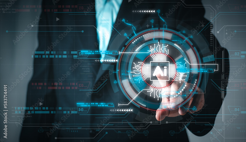 Poster businessman touching artificial intelligence (ai) in the futuristic business and coding software dev