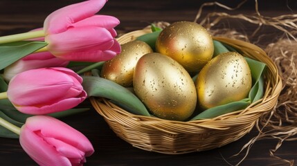 Obraz na płótnie Canvas A basket of golden Easter eggs with pink tulips and a nest