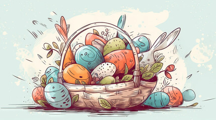 easter eggs in a basket with flowers