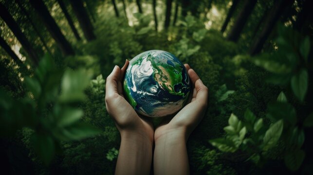 Two hands embracing a globe in a lush green forest