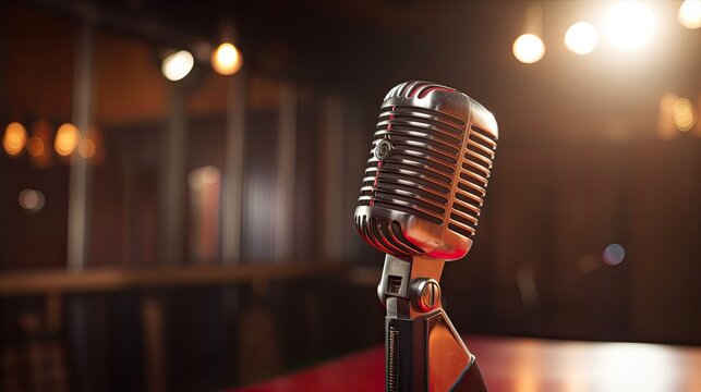 A vintage microphone on a stage with a blurred background light.