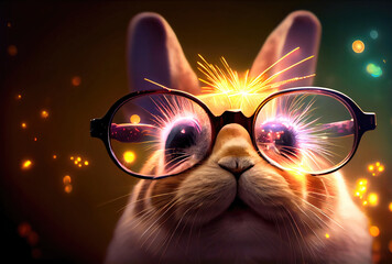 Naklejka premium Rabbit in glasses looking at colorful fireworks to celebrate the Year of the Rabbit. Animal and holiday concept. Generative AI