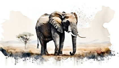 Elephant in savanna - watercolor style illustration background by Generative Ai