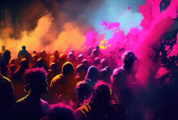 Fototapeta na wymiar Hindu people with colorful starch powder in Holi festival or festival of colors. Generative AI