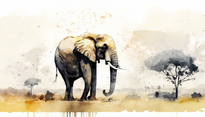 Fototapeta na wymiar Elephant in savanna - watercolor style illustration background by Generative Ai