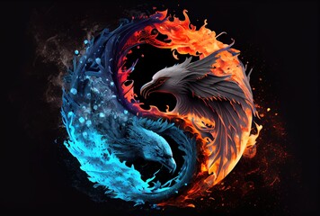 Fire Phoenix and Ice Dragon in the Yin and Yang on dark background. Abstract and Contrast symbol concept. Generative AI - obrazy, fototapety, plakaty