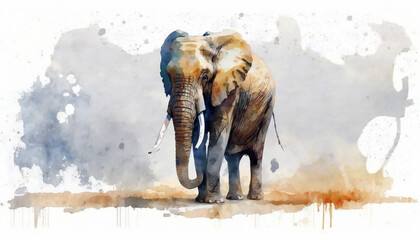 Naklejka na ściany i meble Elephant in savanna - watercolor style illustration background by Generative Ai