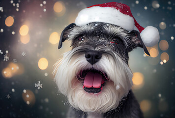 Happy Schnauzer dog in Santa Claus costume and shiny bokeh background. Animal and Holiday concept. Generative AI