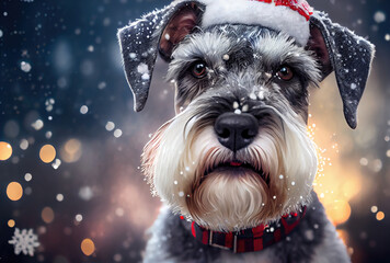 Happy Schnauzer dog in Santa Claus costume and shiny bokeh background. Animal and Holiday concept. Generative AI