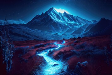 The glowing way to the blue mountain top fantasy illustration background. Business and Success concept. Generative AI