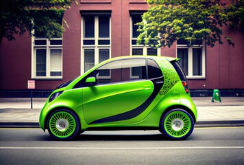 Green future car on the road in the city urban scene at day background. Technology and transportation concept. Generative AI