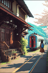anime girl at a train station in japan generative ai