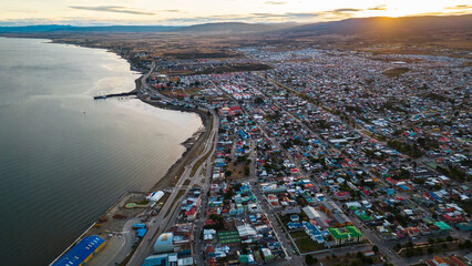 Aerial Drone Fly Above City of Punta Arenas Chile, Panoramic Cityscape in Summer Clear Sky, Ocean,...