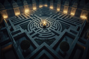 Perspective view of labyrinth at night, with cinematic intricate lightning. Generative AI