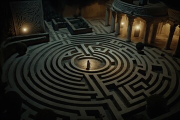 Perspective view of labyrinth at night, with cinematic intricate lightning. Girl at the center Generative AI