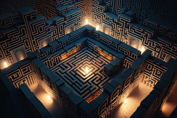 Perspective view of labyrinth at night, with cinematic intricate lightning. Generative AI