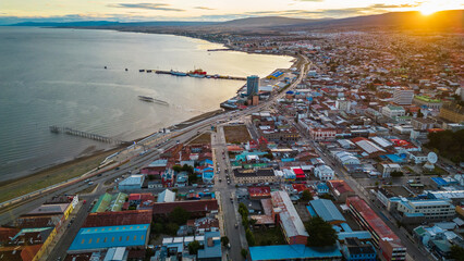 Aerial Drone Fly Above City of Punta Arenas Chile, Panoramic Cityscape in Summer Clear Sky, Ocean,...