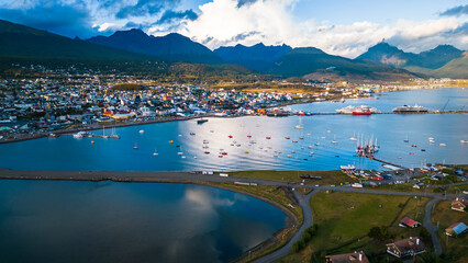 Ushuaia City Argentina Aerial View Patagonian Mountains Seascape, Town in Dreamy Picturesque Atmosphere, South American Travel Destination
