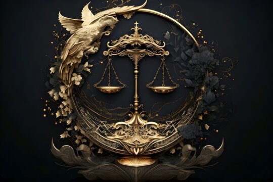 the image of the portrait of Libra, the zodiac sign, gold and black, decorated with Gothic lace and precious stones, a fantasy generated by artificial intelligence