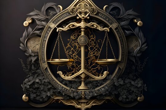 the image of the portrait of Libra, the zodiac sign, gold and black, decorated with Gothic lace and precious stones, a fantasy generated by artificial intelligence