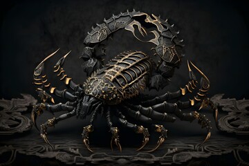 the image of the portrait of scorpio, the zodiac sign, gold and black, decorated with Gothic lace and precious stones, a fantasy generated by artificial intelligence