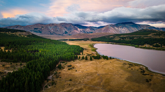 La Zeta Lagoon in the City of Esquel During Sunset Patagonia Argentina Panoramic View