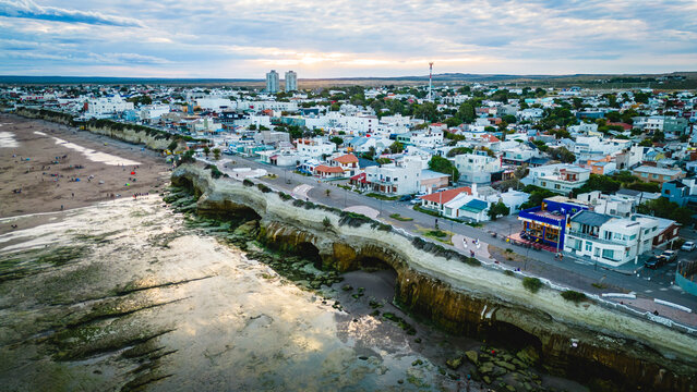Town of Las Grutas Argentina Aerial Drone Above Patagonian Beach Shore Coastline in Touristic Destination, Rio Negro Province