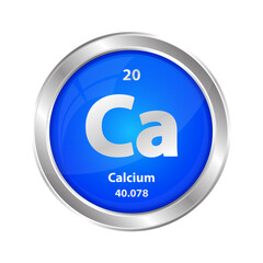 Icon structure Calcium (Ca) chemical element round shape circle blue. Chemical element of the periodic table. Sign with atomic number. Study in science for education. 3D vector illustration.	