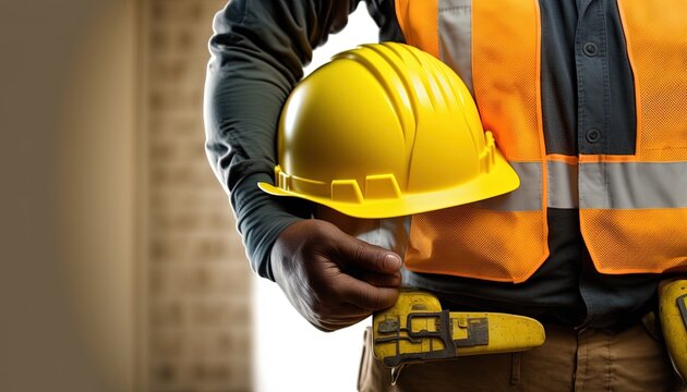 close up Man holding yellow helmet copy space by ai generative