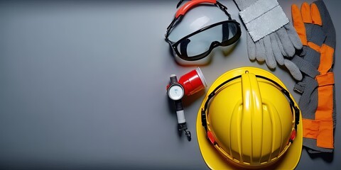 Occupational safety and health - work safety items of construction industry on gray background with top view copy space by ai generative 