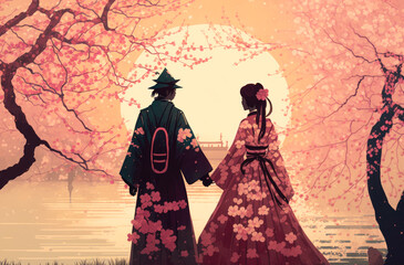 A couple in traditional Japanese clothing holding hands in front of a cherry blossom tree in bloom, illustration - Generative AI