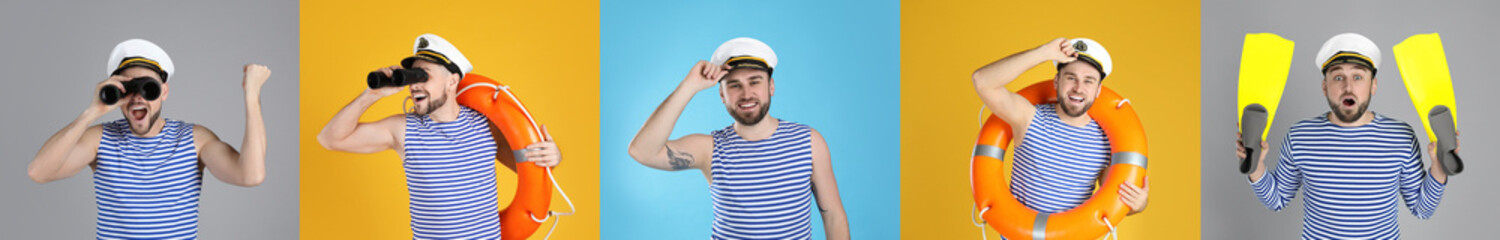 Collage with photos of sailors on different color backgrounds
