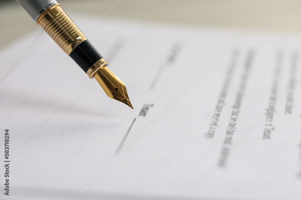 Poster Signing document with fountain pen, closeup. Notary services