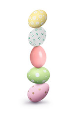 Stack of Easter eggs on white background