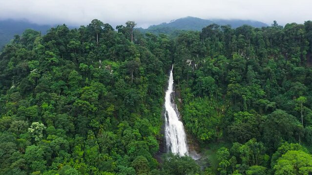 Beautiful waterfall in the rainforest view from above. Mapalana Falls, Sri Lanka.