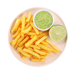 Plate with delicious french fries, avocado dip and lime isolated on white, top view