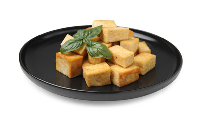 Plate with delicious fried tofu and basil on white background