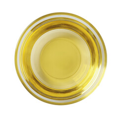 Glass bowl of cooking oil isolated on white, top view