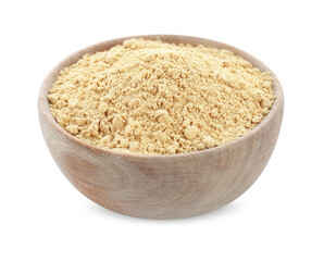 Aromatic mustard powder in wooden bowl on white background